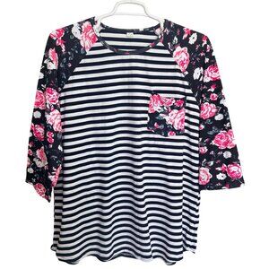 Raglan Top Womens XXL Black/White Floral Striped 3/4 Sleeve Pocket